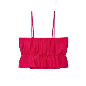 Haut court rose fuchsia à bretelles fines avec taille élastiquée et volants