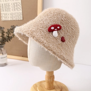 Cute beige plush bucket hat with red mushroom and heart embroidery for autumn and winter