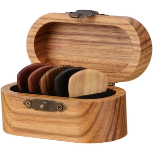 Handmade wooden guitar pick box with five different wood picks and vintage metal buckle