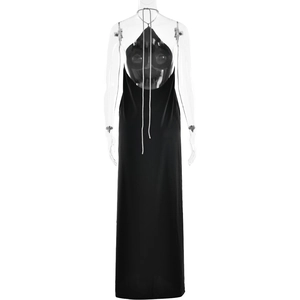 Detailed back view of a black satin halter neck dress with an open back on a mannequin