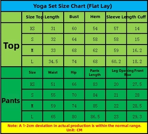 Tableau des tailles détaillé pour l'ensemble de yoga incluant les hauts et les pantalons