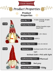 Detail specifications for Swedish gnome dolls featuring size 20x38cm and knitted cloth material