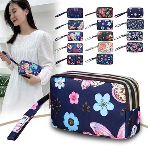 Sac Pochette en Tissu Oxford Grande Capacité pour Femmes Sac Téléphone à Triple Fermeture Éclair Portefeuille Long Imprimé Floral