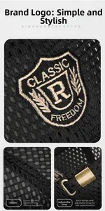 Detail of breathable large mesh fabric with embroidered shield logo and metal buckle
