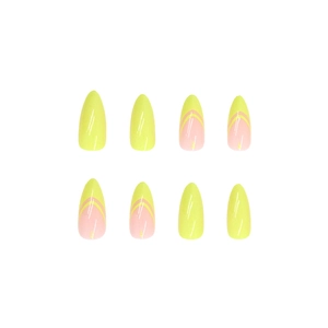 Faux ongles amande français avec pointe jaune et base rose tendre élégante
