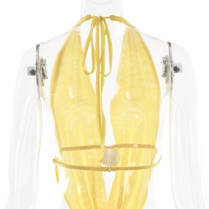 Detailed back view of yellow mesh halter bodysuit with tie-up straps on a mannequin