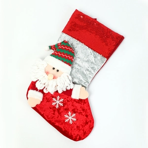 Festive red and silver Christmas stocking with 3D Santa Claus and sequin embroidery details