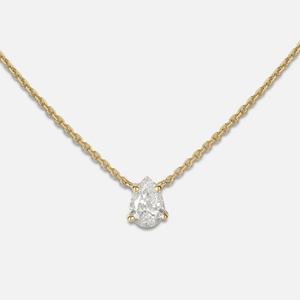 Detailed close-up of a pear-shaped cubic zirconia pendant on a thin gold chain