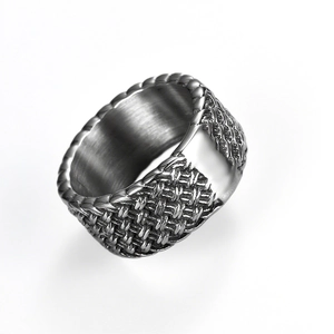 Men's vintage stainless steel band ring with detailed woven mesh texture and silver finish
