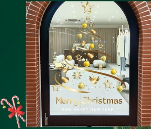 Golden Christmas tree window sticker with stars and angels on glass storefront