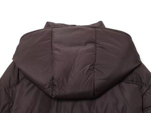 Detail shot of the quilted hood and stitching on dark brown padded jacket
