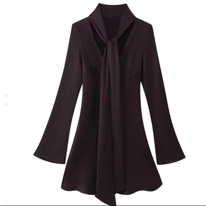Elegant deep purple satin scarf dress with cutout shoulders and chic neck-tie design