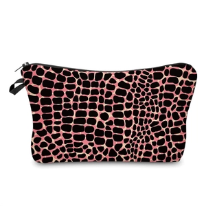 Pink crocodile pattern makeup bag with black zipper and top handle for travel storage