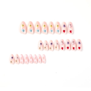 Pink checkered press-on nails set with smiles, hearts and clouds, 24 pieces almond shape