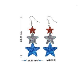 Detailed size view of Independence Day glitter star earrings with length and width markers