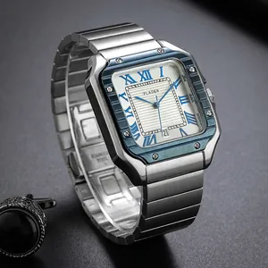 Men Quartz Watch Stainless Steel Strap Square Dial Roman Numerals Date Calendar Waterproof Business Fashion Wristwatch