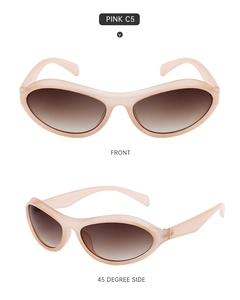 Detaillierte Front- und Seitenansicht der rosa Sportsonnenbrille mit braunen Gläsern