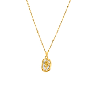 Collier Pendentif Rose En Relief Acier Titane Plaqué Or Nacre Chaîne À Künstliche Perles Élégant Pour Femme