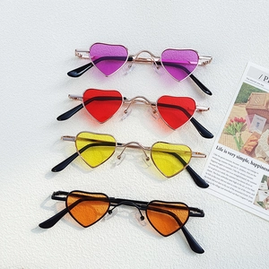 Kids heart shaped sunglasses with thin metal frames in purple red yellow and orange lens