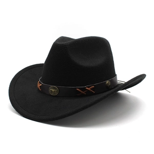 Western Cowboy Hat Wool Felt Wide Brim With Leather Band Metal Bull Head Vintage Outdoor Jazz Hat For Men Women