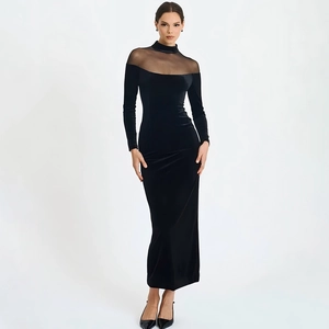 Robe Maxi Sexy En Velours Pour Femmes Patchwork En Maille Transparente Manches Longues Col Montant Soirée