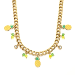 Collier chaîne cubaine en acier doré avec pendentifs ananas et perles colorées
