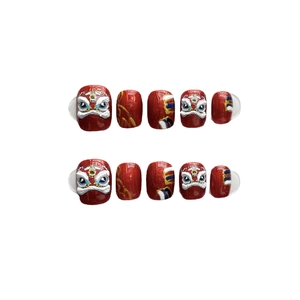 Handmade red 3D embossed lion dance press-on nails with traditional Chinese art style