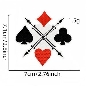 Detail showing dimensions of playing card suit embroidery patch with arrow patterns