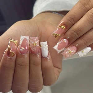 3D Sunflower French White Pink Square Press On Nails With Artificial Pearl Gold Line Elegant Manicure For Women