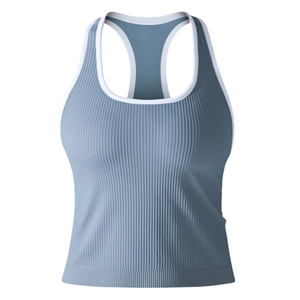 Débardeur de sport côtelé bleu-gris avec dos nageur et liseré blanc contrasté pour femme