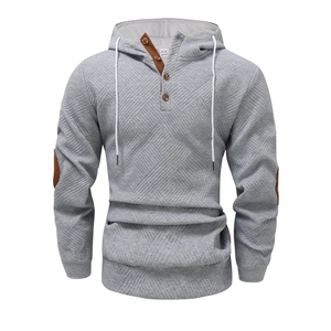 Men's grey quilted hooded sweatshirt with elbow patches and drawstring button neck