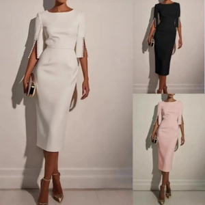 Elegant Midi Dress With Artificial Pearl Beaded Slit Sleeves Slim Fit Round Neck Commute Solid Color Polyester Clothing For Women