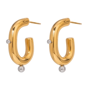 C-Shape Hoop Earrings Stainless Steel Two-Tone Ball Decor Hypoallergenic Waterproof Jewelry For Women