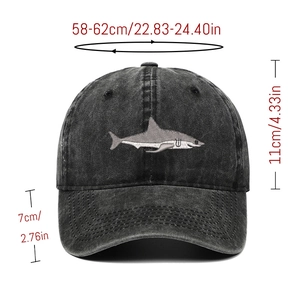 Size guide for shark embroidery cotton baseball cap showing head circumference and brim length