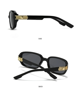 Detail of black aviator sunglasses showing gold star metal trim on side and back view