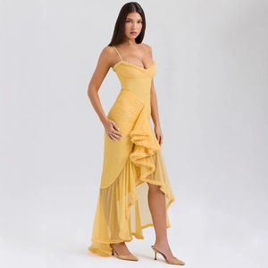 Elegant yellow slim-fit midi dress with ruffled hem and thin straps in plain studio view