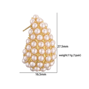 Detailed view showing dimensions of pearl cluster water drop earrings in gold finish