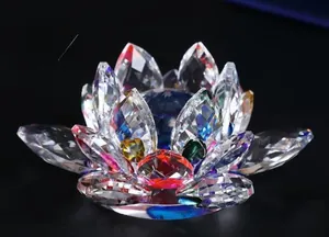 Macro detail of multi-colored crystal lotus ornament with light-refracting petals