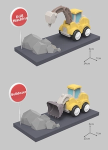 Detailed size view of yellow construction toy driller and bulldozer with 3D scene props