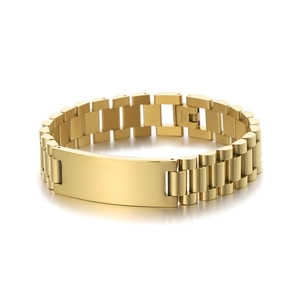 Polished gold stainless steel watch band bracelet with engravable rectangular bar plate