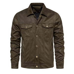 Detail of army green suede jacket showing metal buttons and symmetrical chest pockets