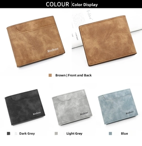 Macro shot of four matte leather wallets in brown, grey, and blue colors