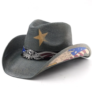 Detail of USA silver emblem and American flag patterns on dark grey cowboy hat