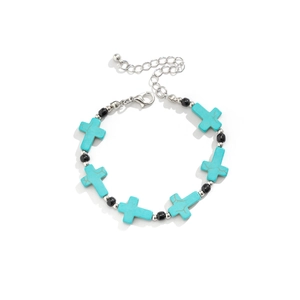 Mens turquoise cross bead bracelet with black accents and silver chain on white background