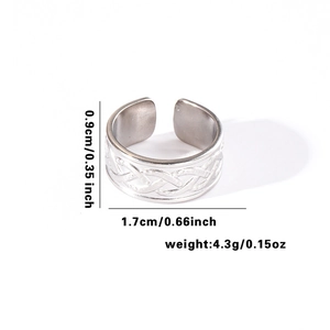 Detailed view of silver open ring showing 0.9cm width and 1.7cm diameter dimensions