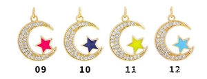 Detailed view of four 18K gold-plated crescent moon pendants with colorful enamel stars