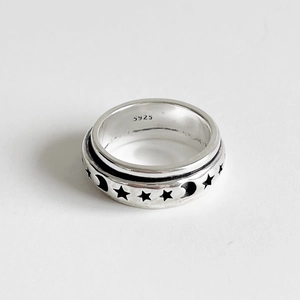 925 sterling silver spinning ring with vintage star and moon patterns for stress relief