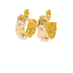 Golden C-shaped stainless steel earrings with textured finish and pearl flower details
