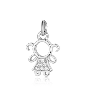 Detailed close-up of a silver girl-shaped pendant with sparkling clear cubic zirconia stones