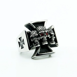 Men's titanium steel iron cross mask ring with red ruby eyes and skull detail